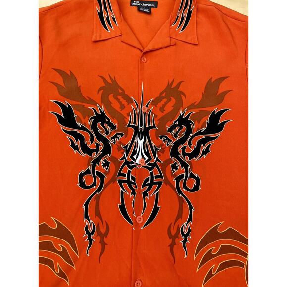 NO BOUNDARIES Vintage Flame & Dragon Camp Shirt Orange Black Polyester SIZE M - Picture 4 of 6